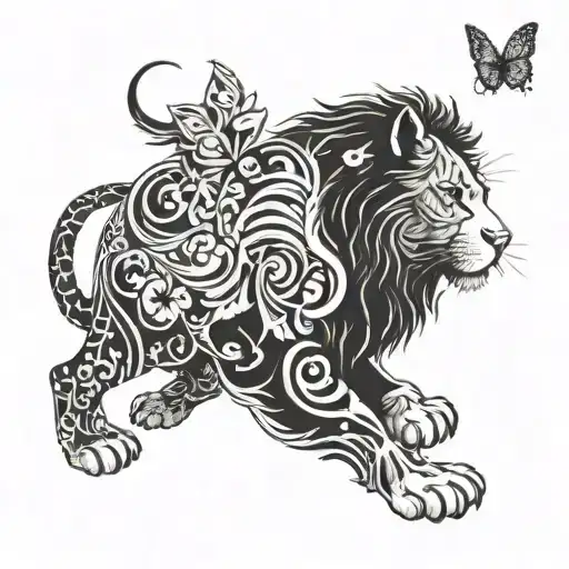 Cat's lower body going through a semi colon like a portal but becomes a lion with a butterfly tattoo design idea