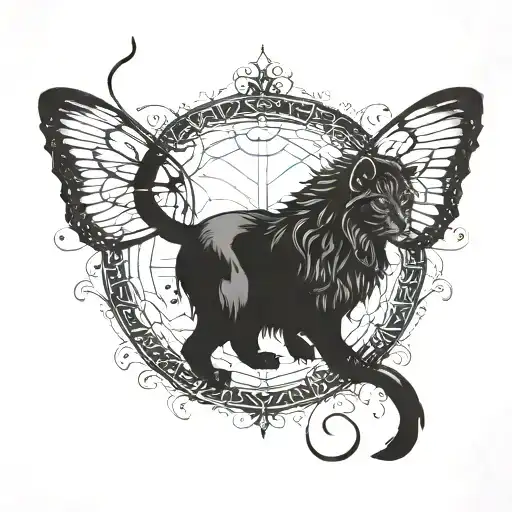 Cat's lower body going through a semi colon like a portal but becomes a lion with a butterfly tattoo design idea