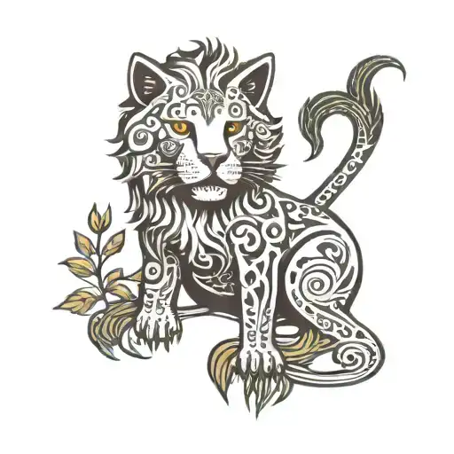 Cat's lower body going through a semi colon like a portal but becomes a lion on the other side with a patch of grass and tattoo design idea