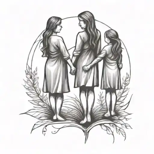 A minimalist tattoo of a mother and two daughters holding hands, symbolizing the bond between family and the importance of staying sober tattoo design idea