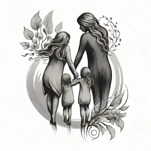 A minimalist tattoo of a mother and two daughters holding hands, symbolizing the bond between family and the importance of staying sober tattoo design idea