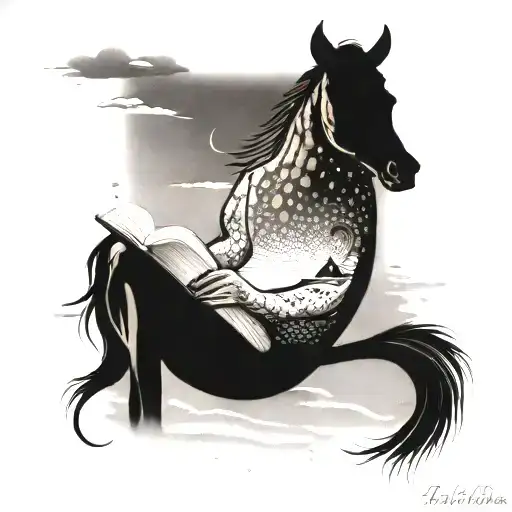 A dotwork tattoo of a horse reading a book on a beach in the Bahamas tattoo design idea