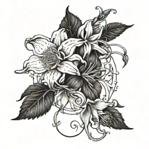 A tattoo design featuring a biblical scene with Columbine flowers intertwined, symbolizing peace and faith tattoo design idea