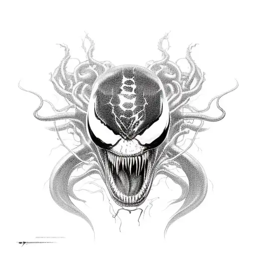 Imagine the iconic form of Venom, but instead of the usual sleek, aggressive stance, he's shown more like a tortured fig tattoo design idea