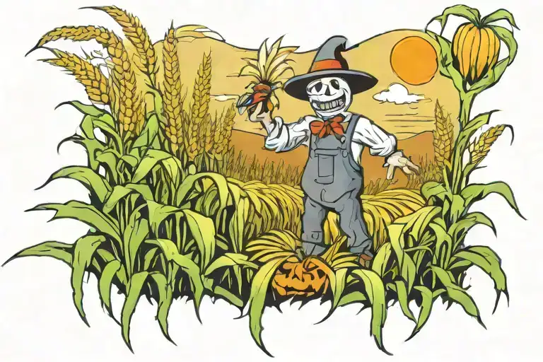 scary corn field with scare crow and ghost tattoo design idea