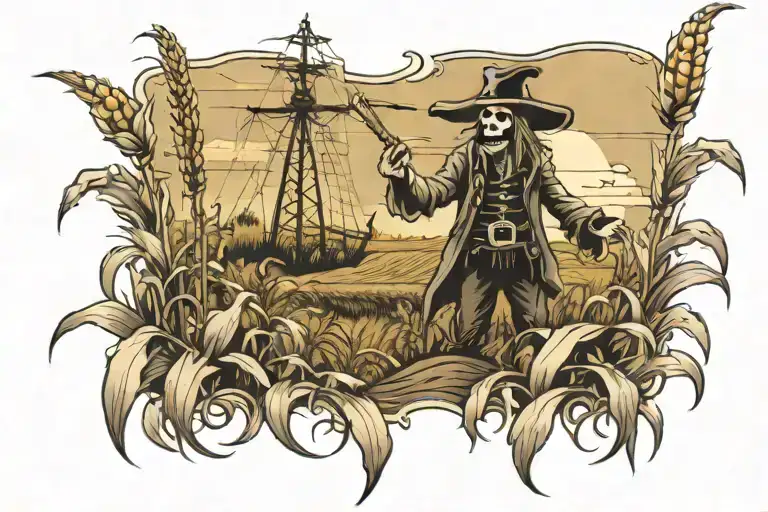 scary corn field with a scare crow and a ghost pirate ship tattoo design idea