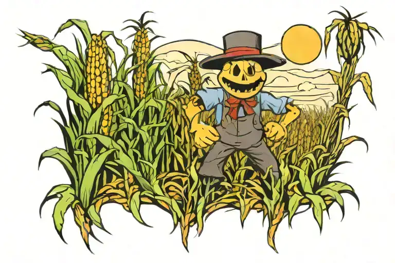 scary corn field with scare crow and ghost tattoo design idea