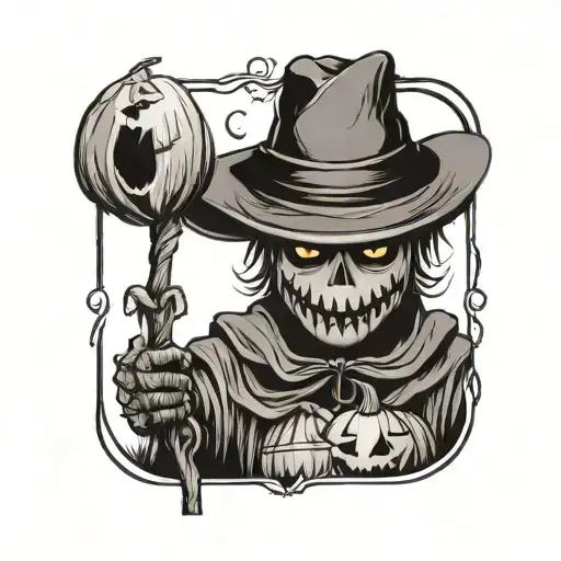 scare crow full body with pumpkin head on a stick   tattoo design idea