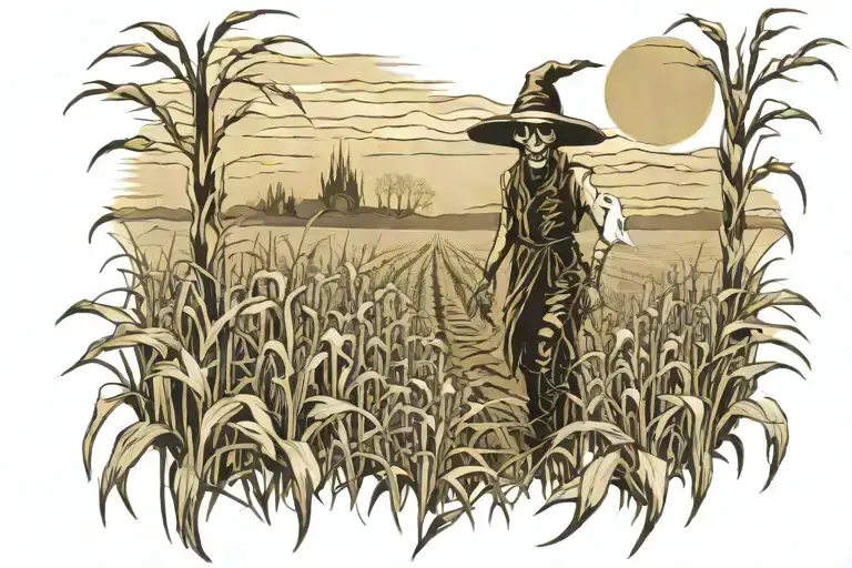 scary corn field with scare crow and ghost tattoo design idea