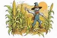 scary corn field with scare crow and ghost tattoo design idea