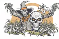 scary corn field with scare crow in the background and a ghost tattoo design idea