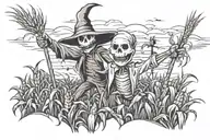 scary corn field with scare crow in the background and a ghost tattoo design idea