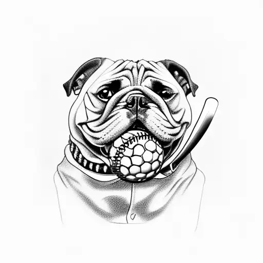 scary bulldog with baseball in mouth tattoo design idea
