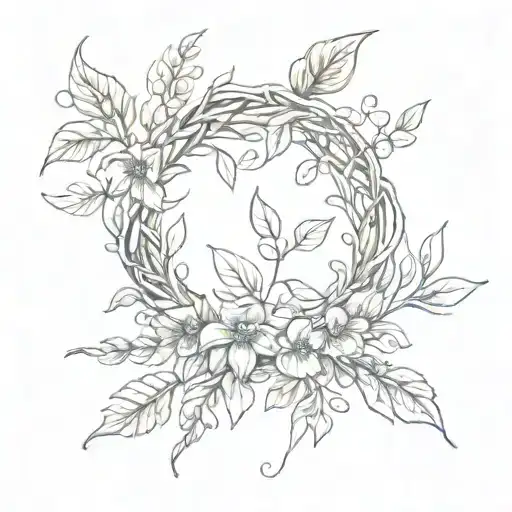 A sketch-style tattoo of a Greek-inspired floral wreath, with each vine representing a different favorite plant, creating a visually stunning and aesthetic piece tattoo design idea