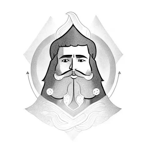 DESIGN OF A STOIC PERSON WITH A BEARD AND MUSCLED WHO BALANCES COURAGE, TEMPERANCE, WISDOM AND JUSTICE tattoo design idea