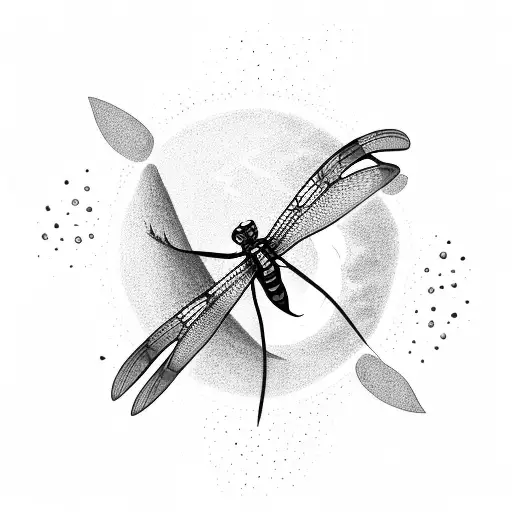 A black-grey tattoo of a serene moonlit beach with a shimmering dragonfly hovering above the waves tattoo design idea
