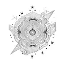 A blackwork tattoo of a mystical night sky with a shooting star transforming into a vibrant flower tattoo design idea