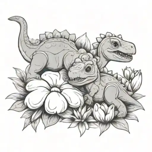 cute baby dinosaurs on flower beds tattoo design idea