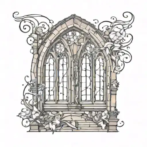 Design a tattoo of a church window with intricate dance poses and musical notes as stained glass elements, blending the client's love for God, dance, and music tattoo design idea