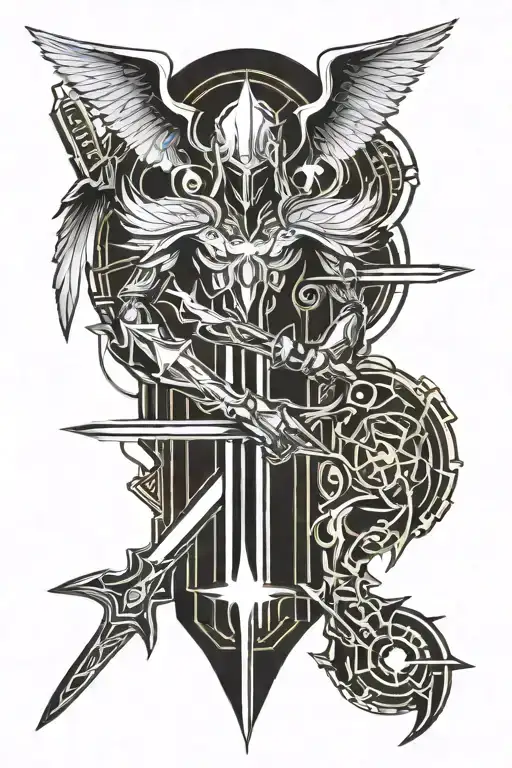 sword splitting an angel and devil in half sleeve tattoo design idea