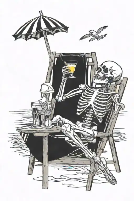 skeleton sitting on a beach chair drinking a martini tattoo design idea