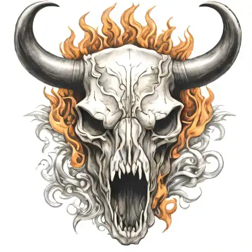bull skull with a few flames  tattoo design idea