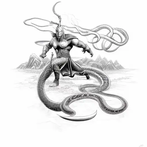 A fierce battle between Thor and Jormungandr, the World Serpent tattoo design idea