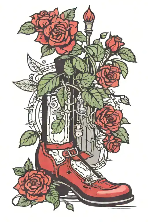 Catholicism, ruby red slippers , mountains, banjo, scarlet begonias  tattoo design idea