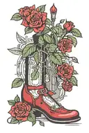 Catholicism, ruby red slippers , mountains, banjo, scarlet begonias  tattoo design idea
