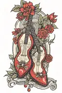 Catholicism, ruby red slippers , mountains, banjo, scarlet begonias  tattoo design idea