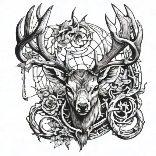 hunting bow with deer antlers tattoo design idea