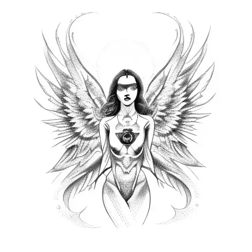 A dotwork tattoo of a model holding a camera with angel wings and BDSM elements incorporated tattoo design idea