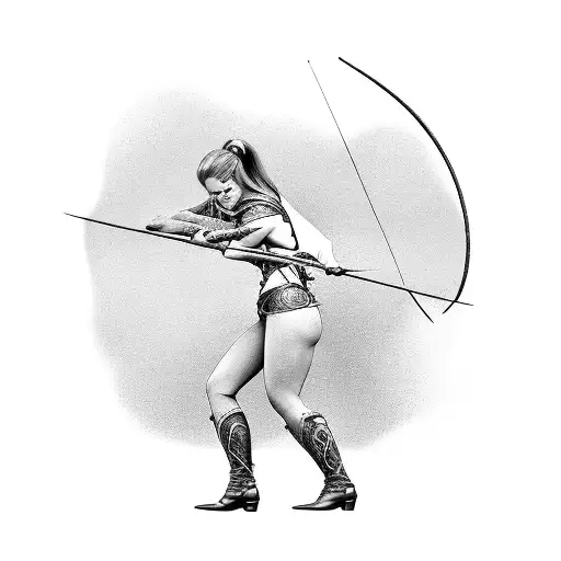 An artistic representation of a model shooting arrows from a bow with BDSM elements incorporated tattoo design idea
