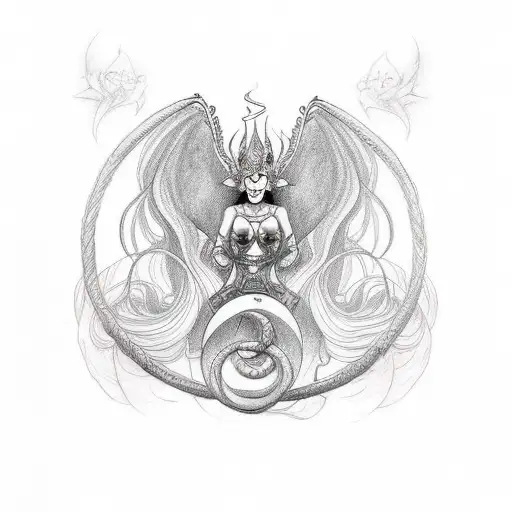 A tattoo of a mythical goddess with curly hair and BDSM-inspired accessories tattoo design idea