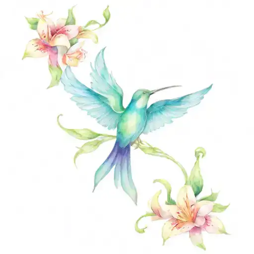 mandala design incorporating humming bird, trumpet flowers, orchid, delphinium, day lily, and music  tattoo design idea