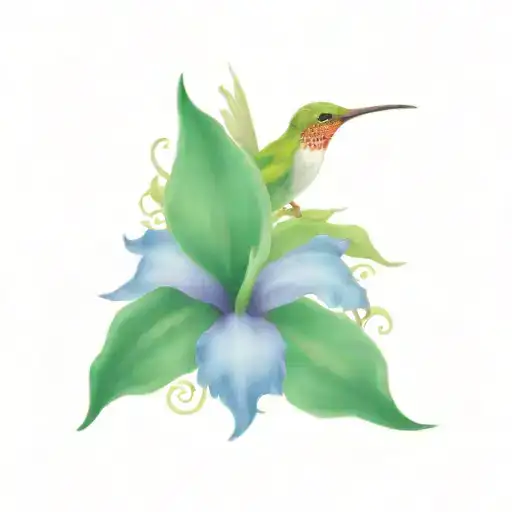 mandala design incorporating hummingbird feeding from trumpet flower, with an orchid, and delphinum flowers surrounding  tattoo design idea