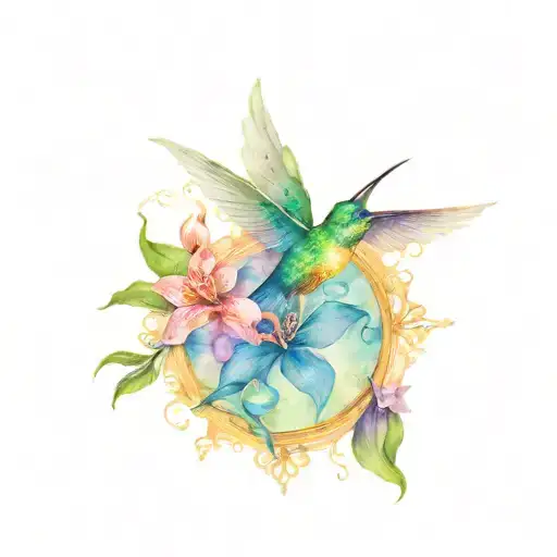 mandala design incorporating hummingbird feeding from trumpet flower, with an orchid, and delphium flowers surrounding  tattoo design idea
