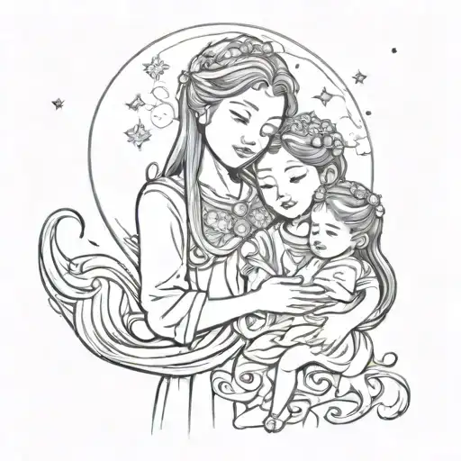 moon daughter and mother holding her tattoo design idea