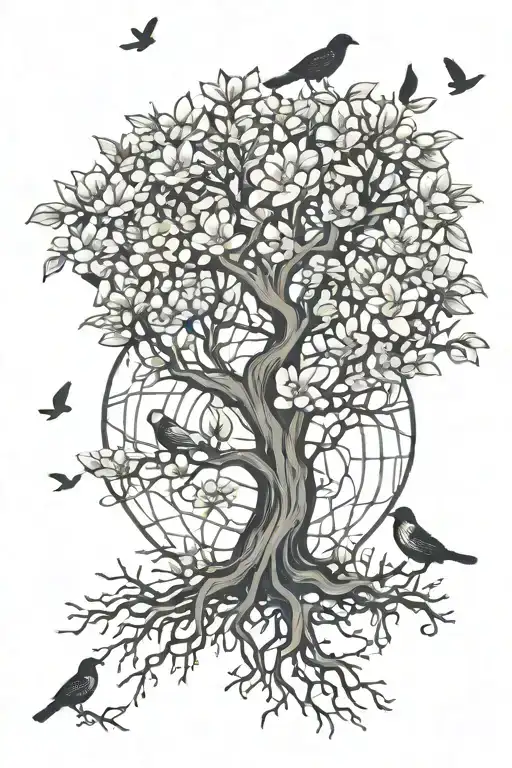 Tree with roots transitioning into magnolia flowers with birds tattoo design idea