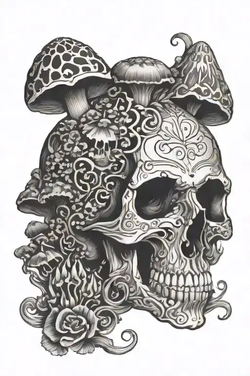 A skull made of mushrooms with psychedelic patterns tattoo design idea
