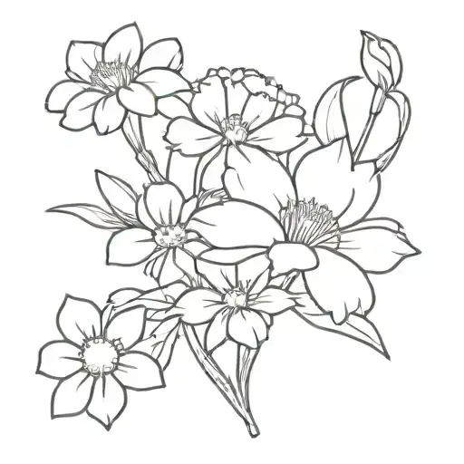 bouquet of flowers with a mum, 2 daisys, honey suckle, daffodil, and a carnation  tattoo design idea