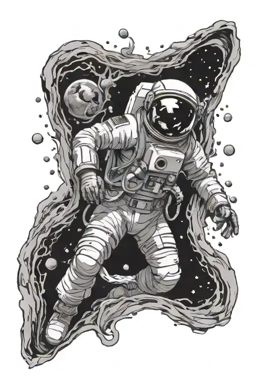 Space With Astronaut going through a portal opening that looks through to an underwater scene tattoo design idea