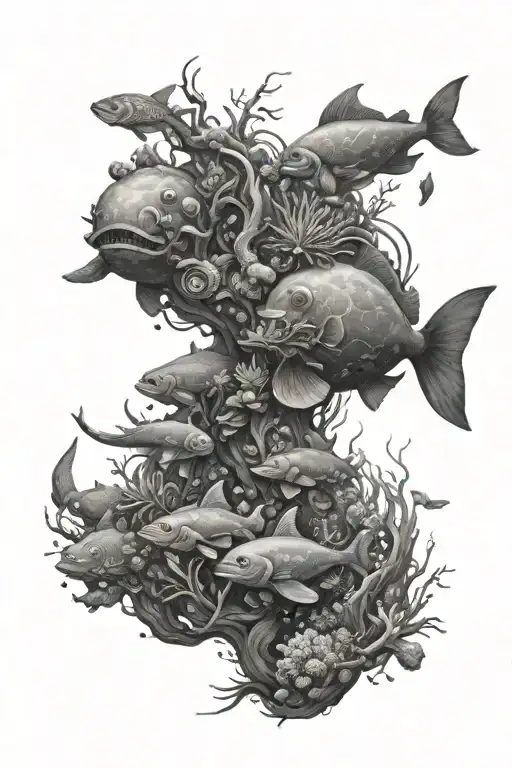 underwater scene that blends into a space theme tattoo design idea