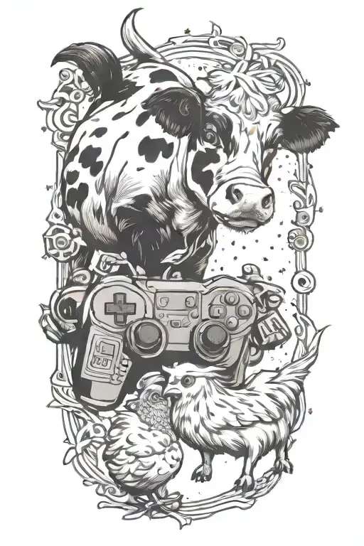 A cow and a silkie chicken playing video games together tattoo design idea
