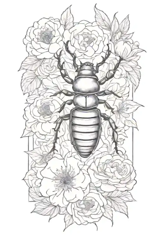 stag beetle with peonies in the background tattoo design idea