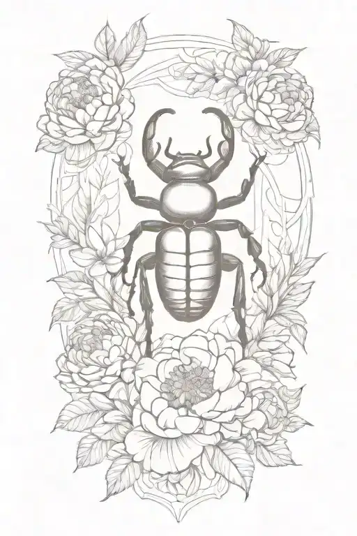 stag beetle with peonies in the background tattoo design idea