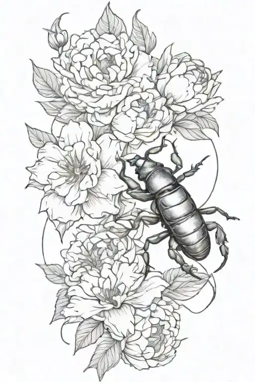 stag beetle with peonies in the background tattoo design idea