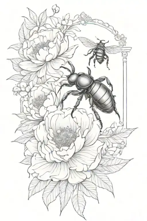 peony and stag beetle tattoo design idea