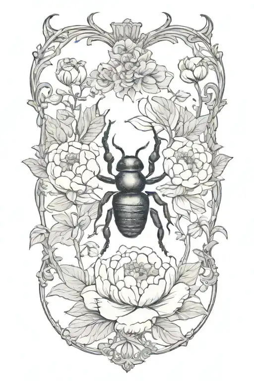 stag beetle with peonies in the background simple tattoo design idea