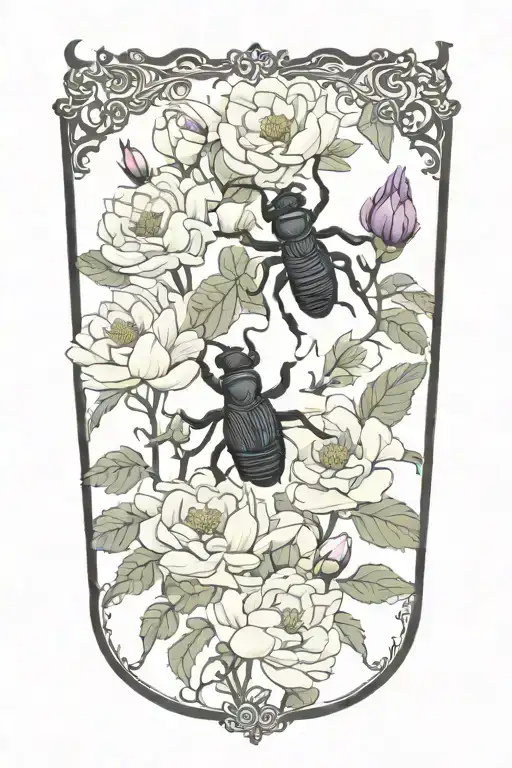stag beetle with peonies in the background tattoo design idea